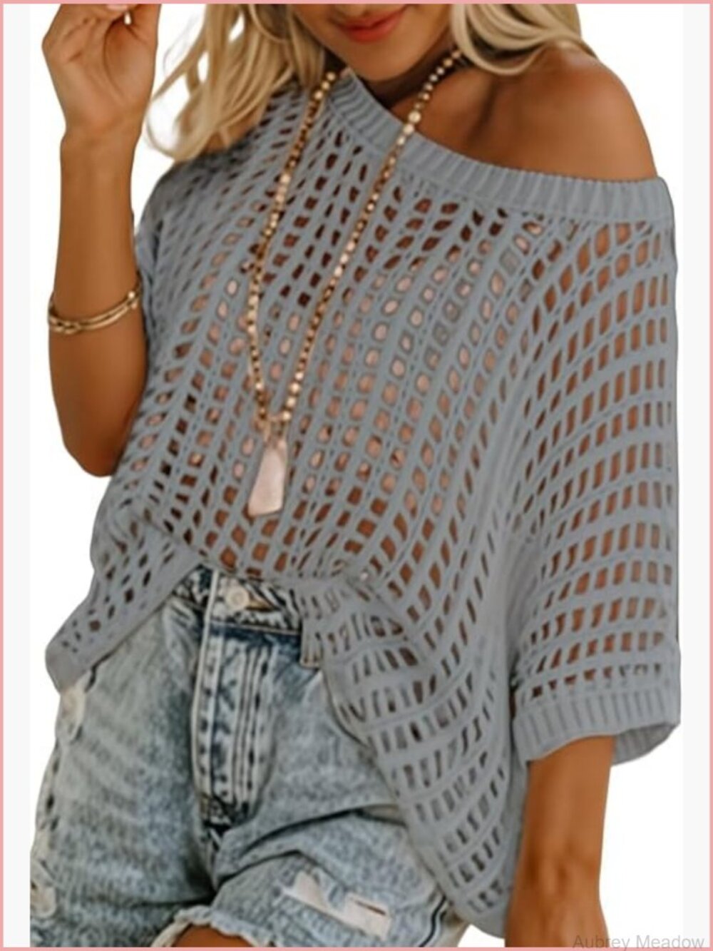 Scoop Neck Short Sleeve Crochet Knit Top Pullover Beach Coverup